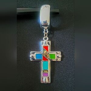 Beautiful Silver Tone Multicolor Enamel Mother of Pearl Cross Pendant